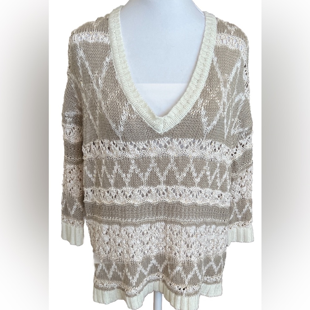 AEROPOSTALE Beige & Ivory Open Knit Oversized  V-Neck Sweater + Sequins XS
